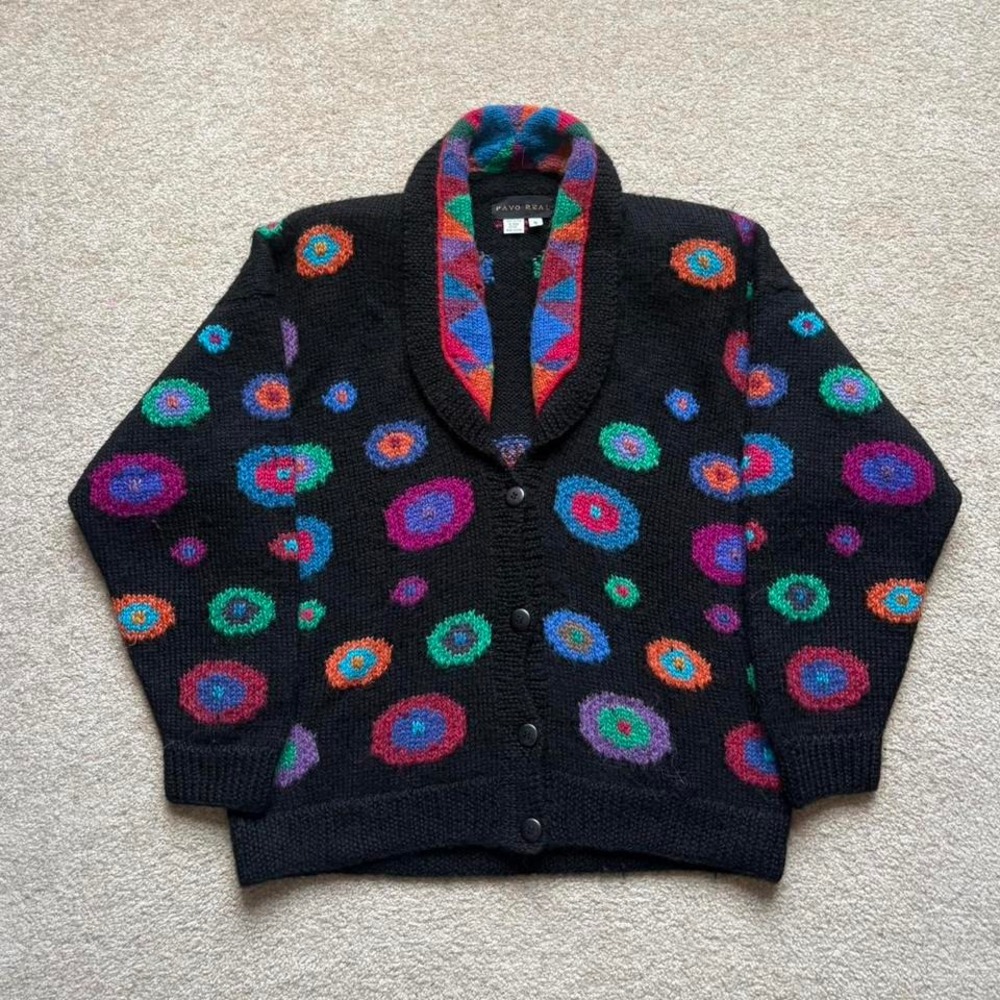 Vtg Pavo Real Funky Multicolor‎ Ellipses Knit Cardigan Sweater Pure Alpaca Wool